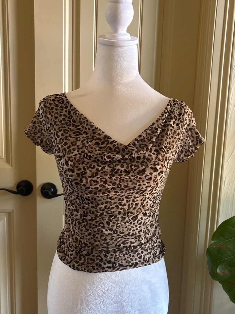 Urban Outfitters Leopard Print Cowl Neck Short Sleeve Top - Brown